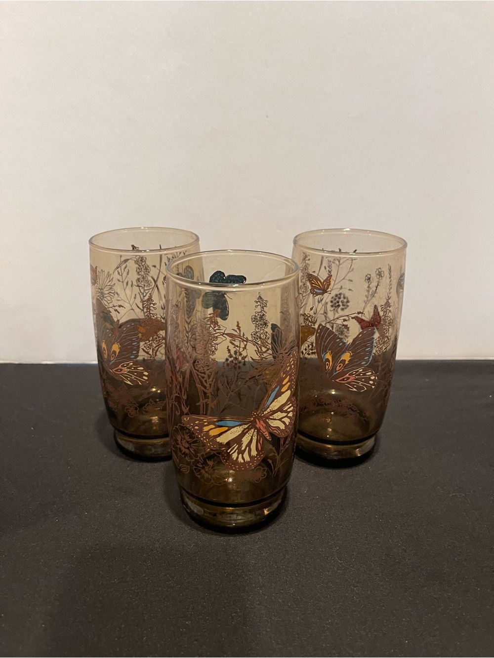 Vintage Set of 3 Libbey Tawny Smoke Brown Garden Butterfly Drinking Glsses